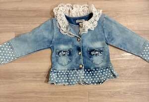 Baby Girls Denim Jacket with White Lace Collar and Polka Dot Ruffle Peplum 4-5y
